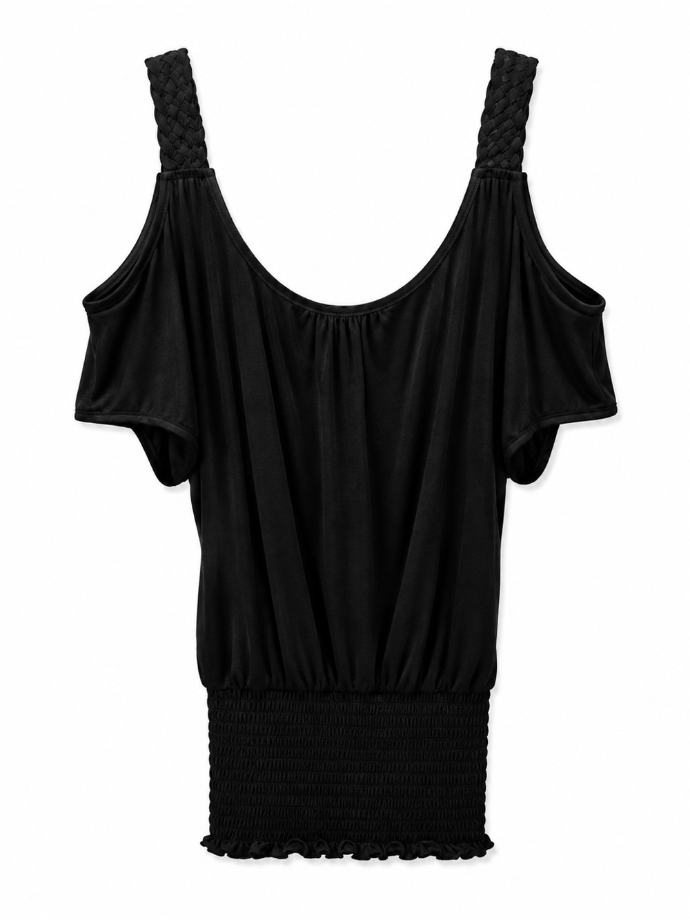Bebe Black Cold-Shoulder Braided Strap Top